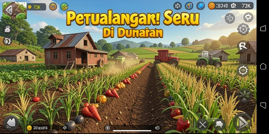 Screenshot gameplay 73K menampilkan pertanian yang sedang berkembang.