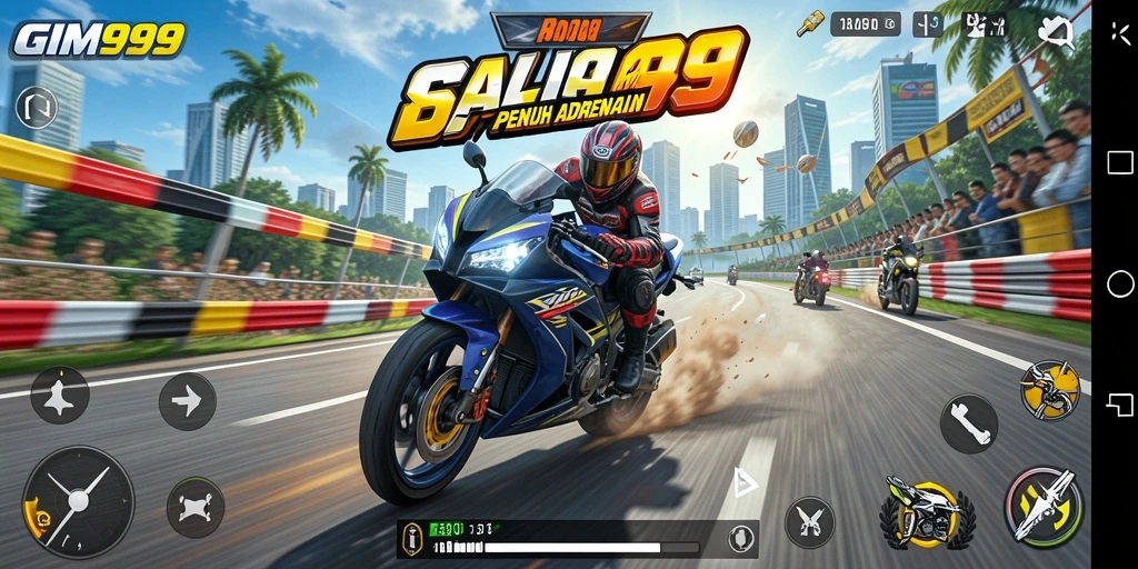 Screenshot GIM999 menampilkan aksi seru balapan motor yang mendebarkan.