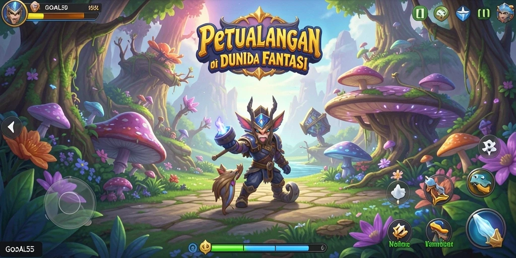 Screenshot gameplay GOAL55 menampilkan petualangan seru di dunia fantastis.