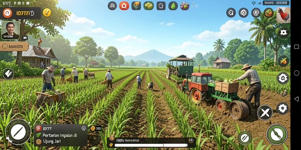 Tampilan gameplay ID777 dengan latar belakang pertanian yang menawan.