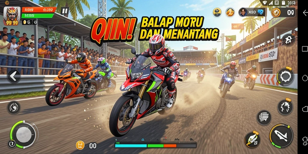 Tampilan gameplay balap motor yang seru dan menantang.