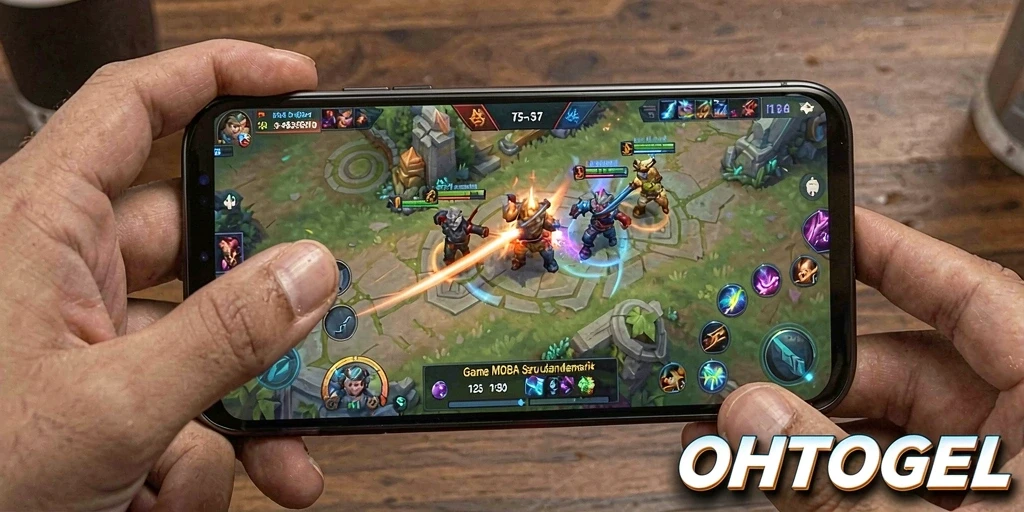 Tangkapan layar OHTOGEL menampilkan aksi seru dalam pertempuran tim MOBA.