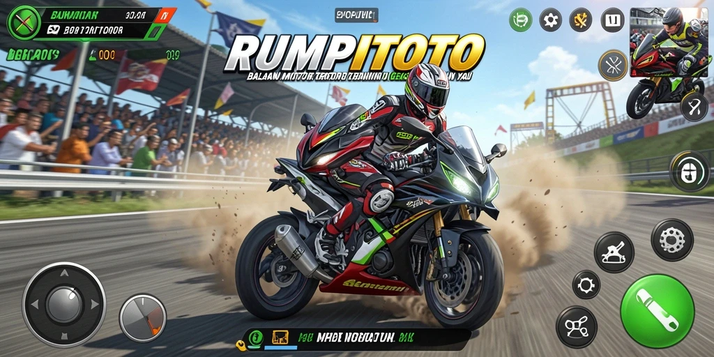 Screenshot RUMPITOTO dengan aksi balapan motor yang seru.