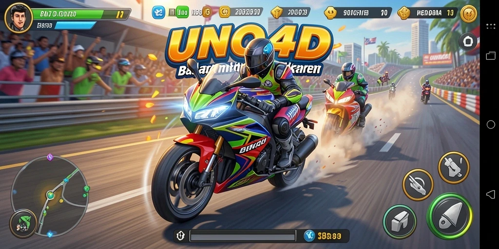 Screenshot dari gameplay seru UNO4D yang menunjukkan balapan motor.