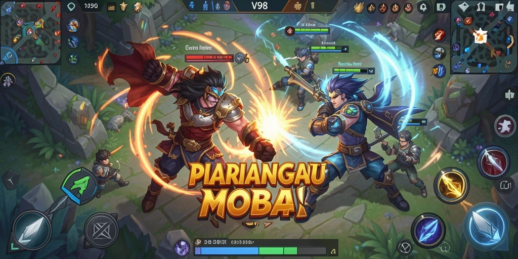 Tangkapan layar dari gameplay V98 yang menampilkan aksi MOBA yang seru.